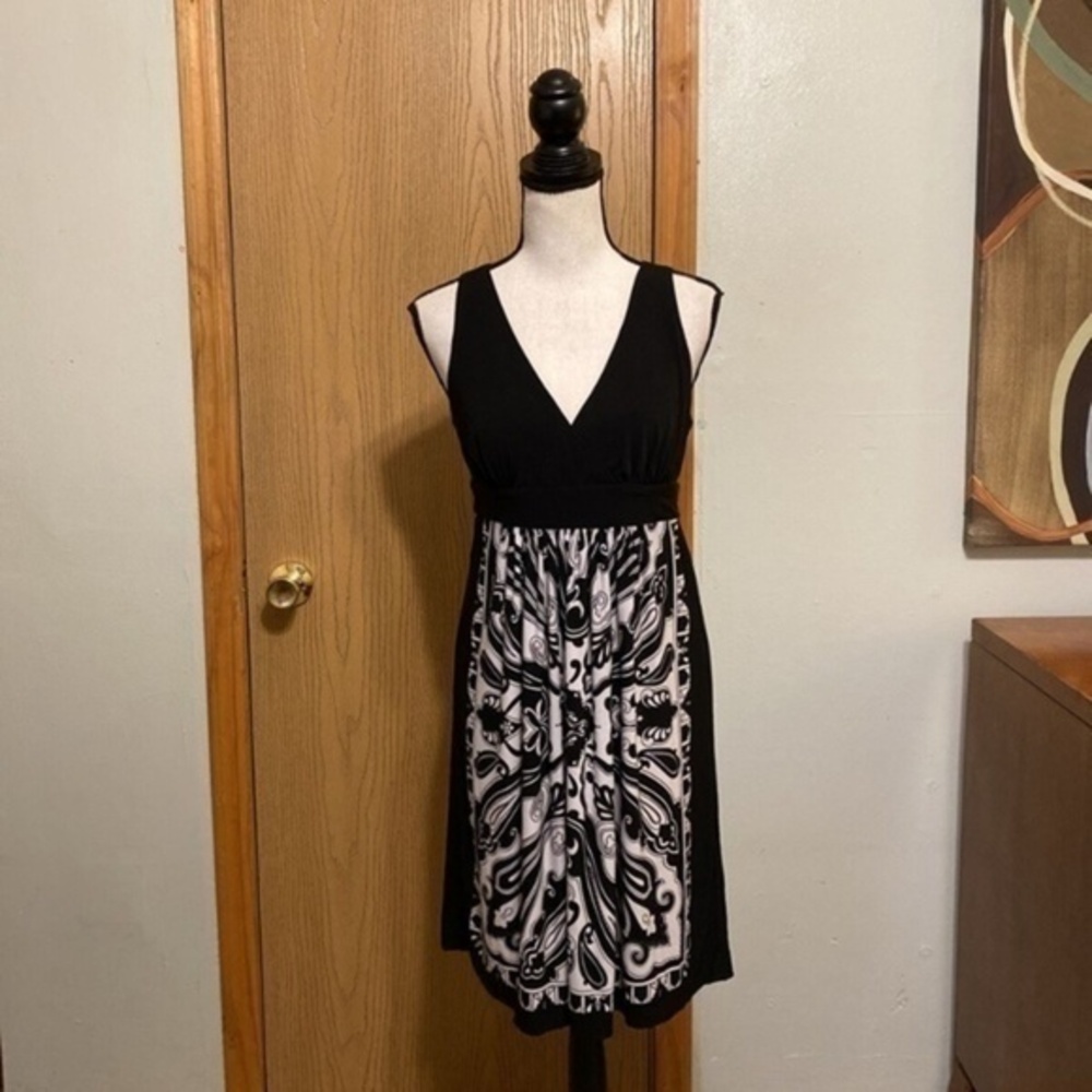 Sandra Darren Size 8 Black & White Sleeveless V-Neck Knee-Length A-Line Dress
